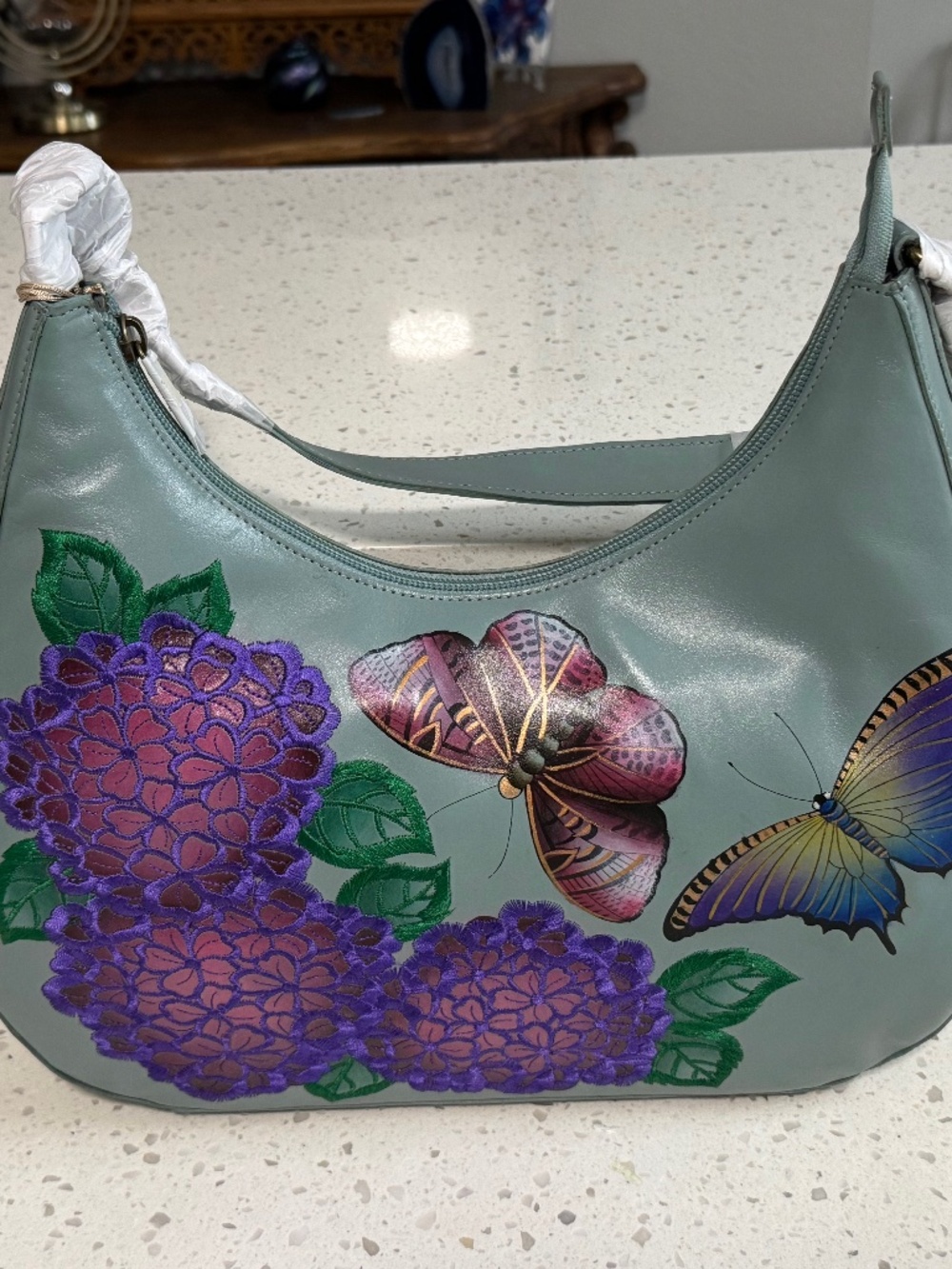 NWT Anuschka Hand-Painted Embroidered Leather Pretty Garden Bag